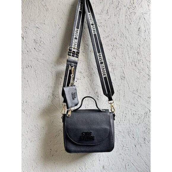 STEVE MADDEN flap satchel crossbody web strap + mini cardcase -Black 2 Piece set - Picture 7 of 11